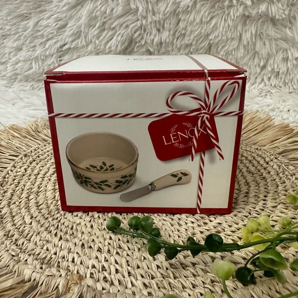 LENOX Hosting The Holidays Dip Bowl & Spreader 4.5”‎ NEW Holly Leaf